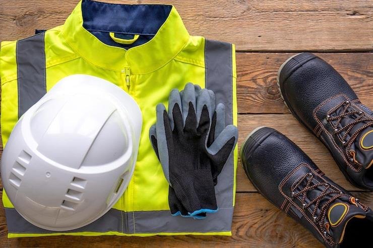 Safety helmet, high-visibility jacket, gloves and safety boots